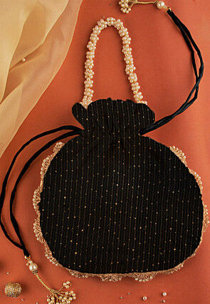 Embroidered Georgette Potli Bag in Black