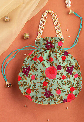 Embroidered Georgette Potli Bag in Sea Green