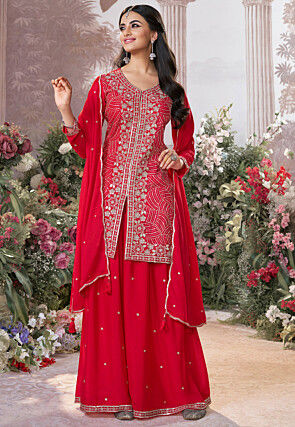Embroidered Front Slit Chinon Chiffon Pakistani Suit in Fuchsia