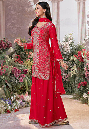 Embroidered Front Slit Chinon Chiffon Pakistani Suit in Fuchsia