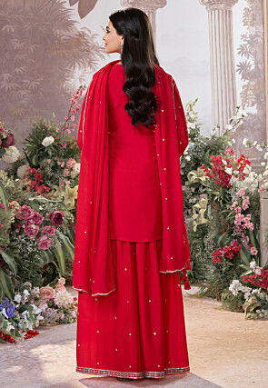 Embroidered Front Slit Chinon Chiffon Pakistani Suit in Fuchsia