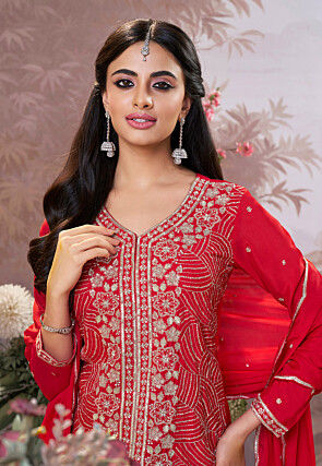 Embroidered Front Slit Chinon Chiffon Pakistani Suit in Fuchsia