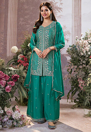 Embroidered Front Slit Chinon Chiffon Pakistani Suit in Green
