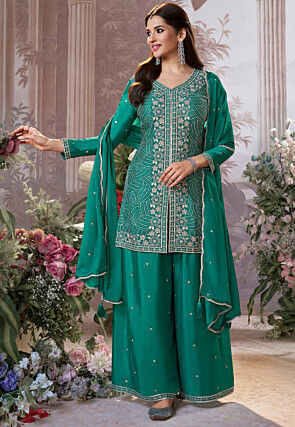 Embroidered Front Slit Chinon Chiffon Pakistani Suit in Green