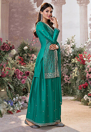 Embroidered Front Slit Chinon Chiffon Pakistani Suit in Green