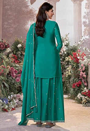 Embroidered Front Slit Chinon Chiffon Pakistani Suit in Green