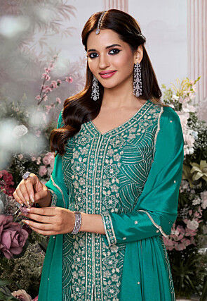 Embroidered Front Slit Chinon Chiffon Pakistani Suit in Green