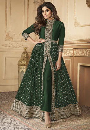 Embroidered Front Slit Georgette Abaya Style Suit in Green