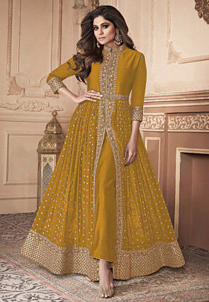 Embroidered Front Slit Georgette Abaya Style Suit in Mustard