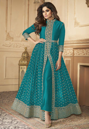 Embroidered Front Slit Georgette Abaya Style Suit in Teal Blue