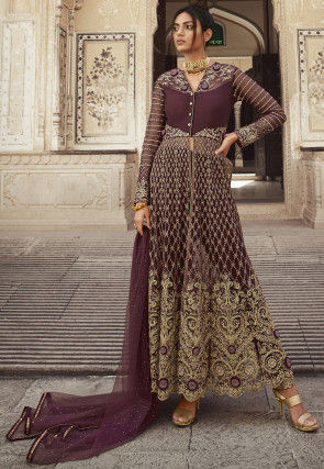 Embroidered Front Slit Net Abaya Style Suit in Wine