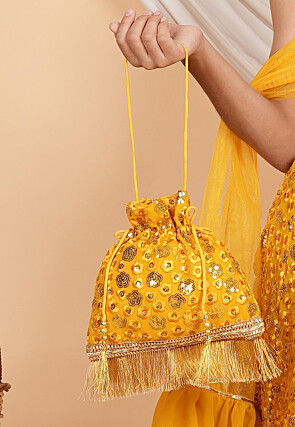 Embroidered Geogrette Potli Bag in Mustard
