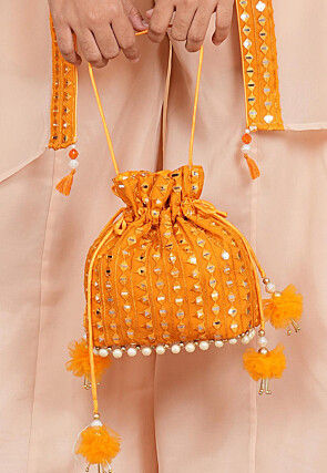 Embroidered Geogrette Potli Bag in Orange