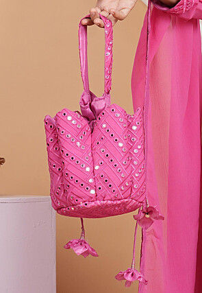 Embroidered Geogrette Potli Bag in Pink