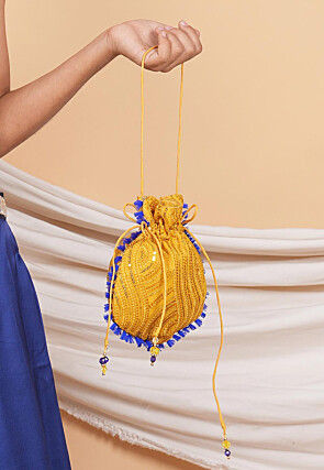 Embroidered Geogrette Potli Bag in Yellow