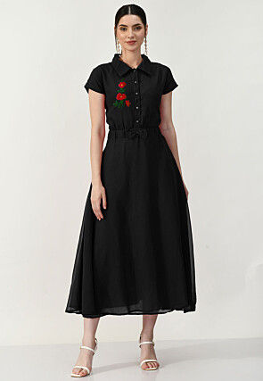 Embroidered Georgette A Line Dress in Black