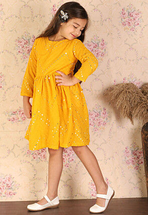 Embroidered Georgette A Line Dress in Mustard