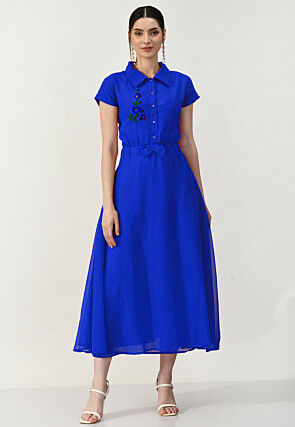 Embroidered Georgette A Line Dress in Royal Blue