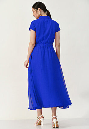 Embroidered Georgette A Line Dress in Royal Blue