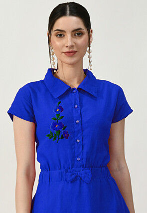 Embroidered Georgette A Line Dress in Royal Blue