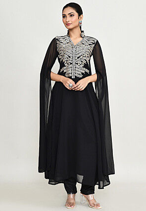 Embroidered Georgette A Line Kurta in Black