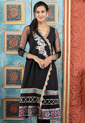 Embroidered Georgette A Line Kurta in Black