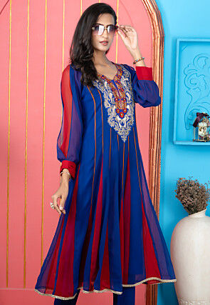 Embroidered Georgette A Line Kurta in Royal Blue and Red