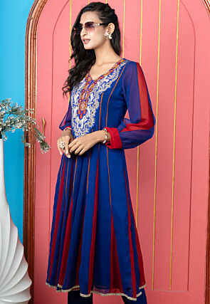 Embroidered Georgette A Line Kurta in Royal Blue and Red
