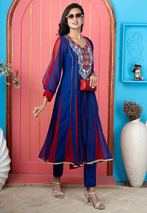 Embroidered Georgette A Line Kurta in Royal Blue and Red
