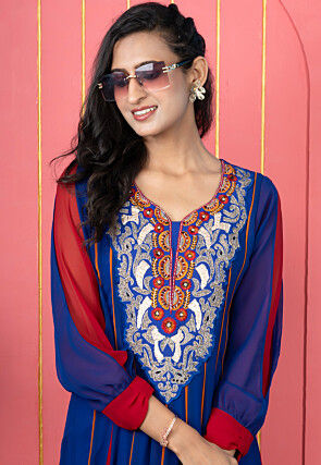 Embroidered Georgette A Line Kurta in Royal Blue and Red