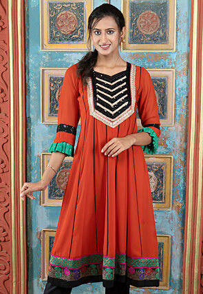 Embroidered Georgette A Line Kurta in Rust