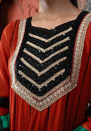 Embroidered Georgette A Line Kurta in Rust