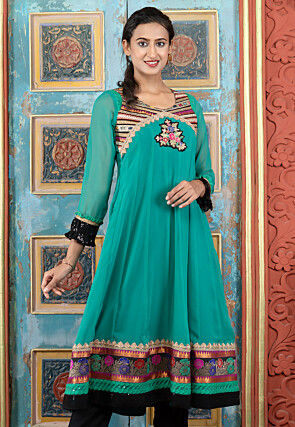 Embroidered Georgette A Line Kurta in Teal Green