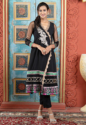 Embroidered Georgette A Line Kurta Set in Black