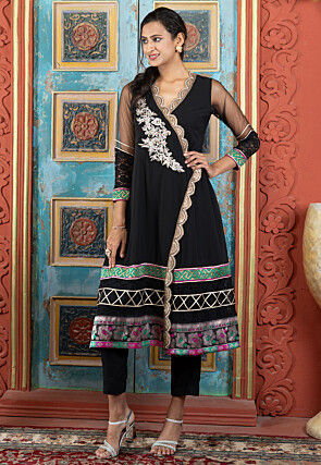 Embroidered Georgette A Line Kurta Set in Black