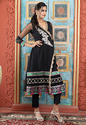Embroidered Georgette A Line Kurta Set in Black