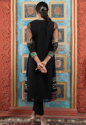 Embroidered Georgette A Line Kurta Set in Black