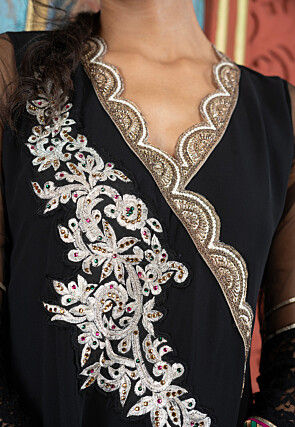 Embroidered Georgette A Line Kurta Set in Black