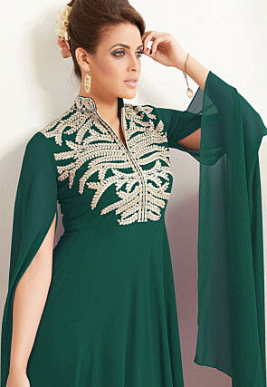 Embroidered Georgette A Line Kurta Set in Dark Green