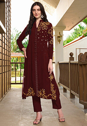 Embroidered Georgette A Line Kurta Set in Maroon