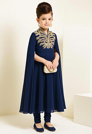 Embroidered Georgette A Line Kurta Set in Navy Blue