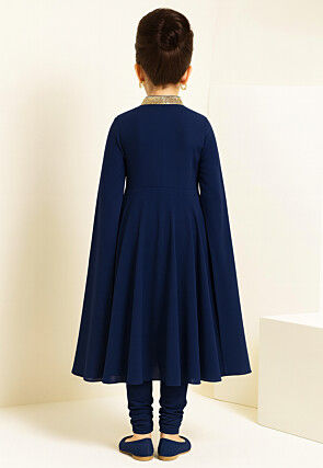 Embroidered Georgette A Line Kurta Set in Navy Blue