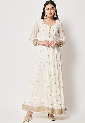 Embroidered Georgette A Line Kurta Set in Off White