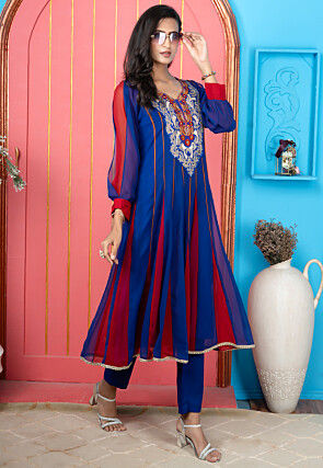 Embroidered Georgette A Line Kurta Set in Royal Blue and Red