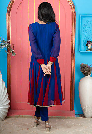 Embroidered Georgette A Line Kurta Set in Royal Blue and Red