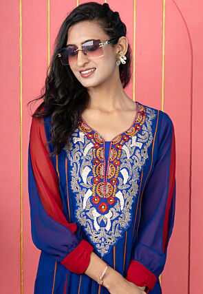Embroidered Georgette A Line Kurta Set in Royal Blue and Red