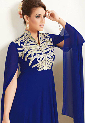 Embroidered Georgette A Line Kurta Set in Royal Blue