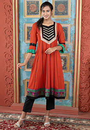 Embroidered Georgette A Line Kurta Set in Rust