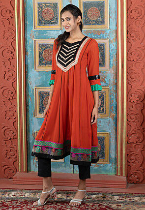 Embroidered Georgette A Line Kurta Set in Rust