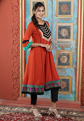 Embroidered Georgette A Line Kurta Set in Rust